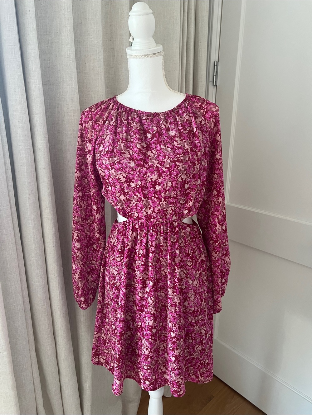 Aqua Magenta Floral Long-Sleeve Dress with Side Cutouts